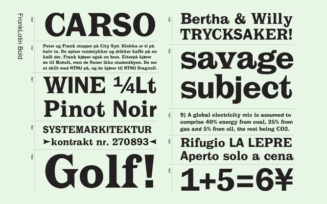 FrankLatin specimen from AlfaType Fonts Foundry
