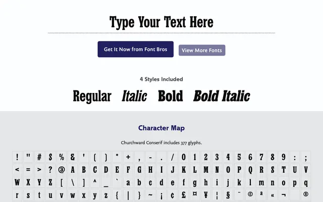Churchward Conserif specimen from BluHead Studio