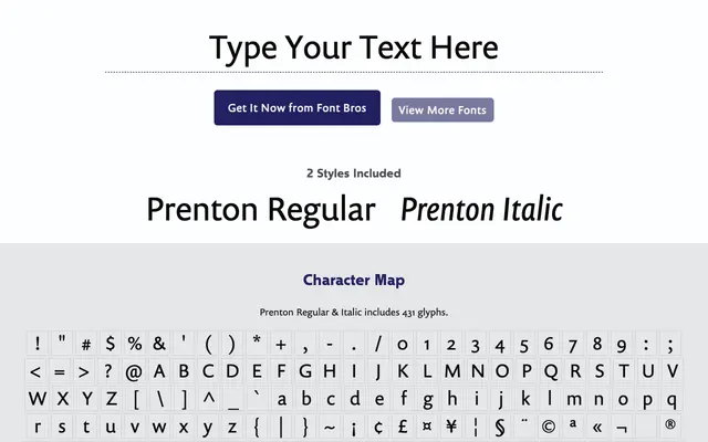 Prenton Regular & Italic specimen from BluHead Studio