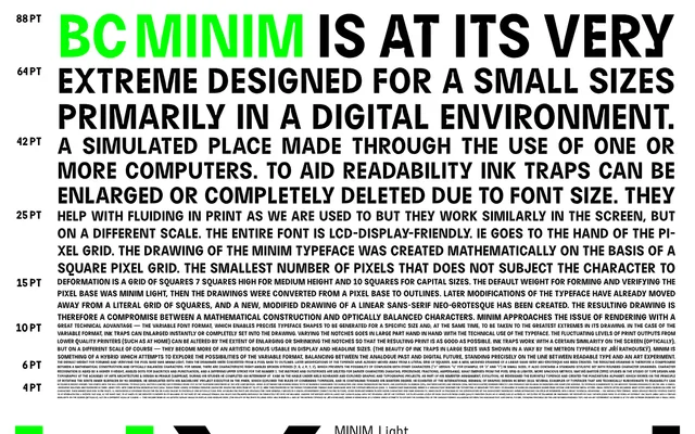 BC Minim specimen from Briefcase Type Foundry