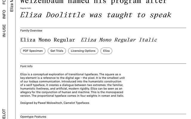 Eliza Mono specimen from Camelot