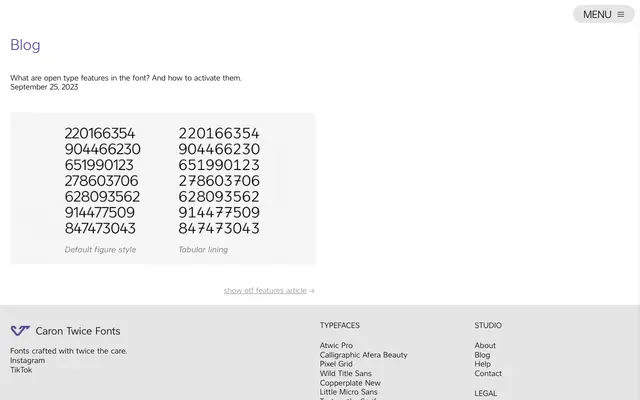 Articles & Blog specimen from Caron Twice Fonts