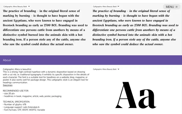Calligraphic Afera specimen from Caron Twice Fonts