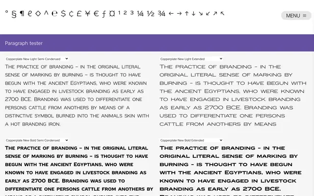 Copperplate New specimen from Caron Twice Fonts