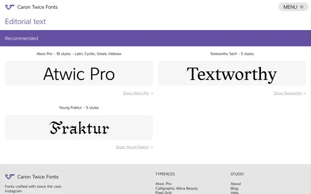 Editorial Text specimen from Caron Twice Fonts