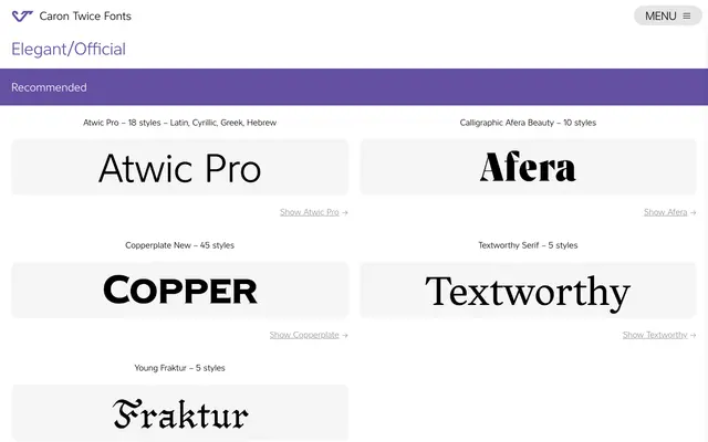 Elegant/Official specimen from Caron Twice Fonts