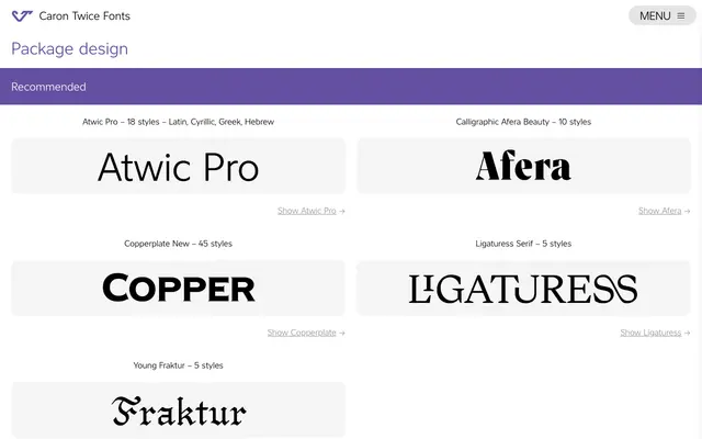 Package design specimen from Caron Twice Fonts