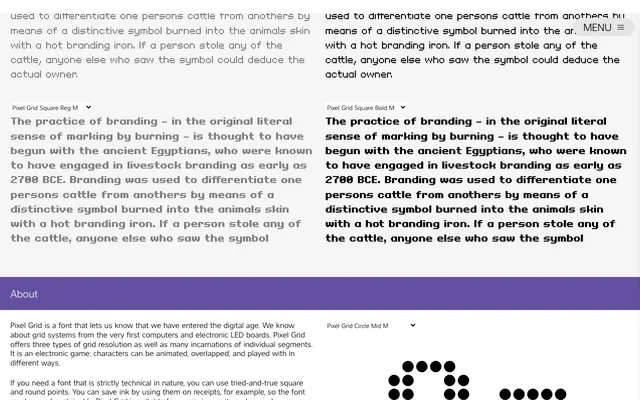 Pixel Grid specimen from Caron Twice Fonts