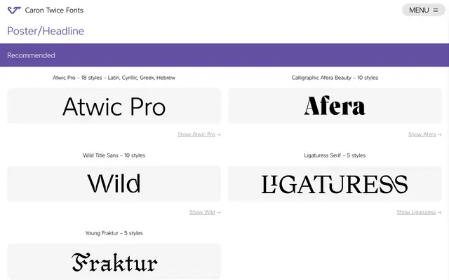Poster/Headline specimen from Caron Twice Fonts