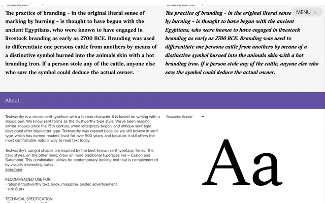 Textworthy Serif specimen from Caron Twice Fonts
