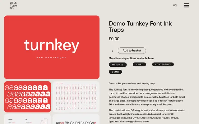 Demo Turnkey Font Ink Traps specimen from Colt Type