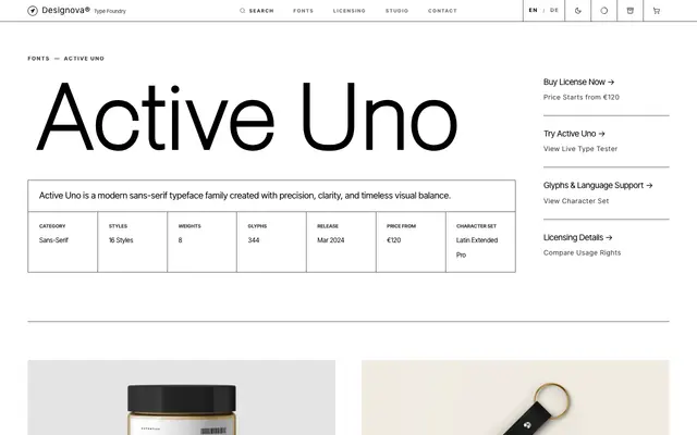 Active Uno specimen from Designova Fonts