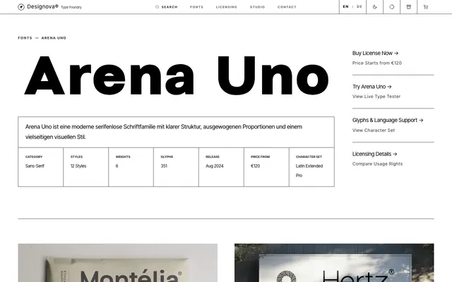 Arena Uno specimen from Designova Fonts