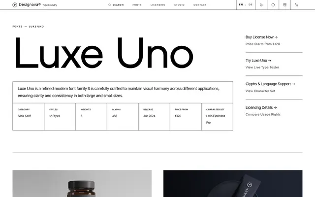 Luxe Uno specimen from Designova Fonts