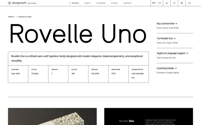 Rovelle Uno specimen from Designova Fonts