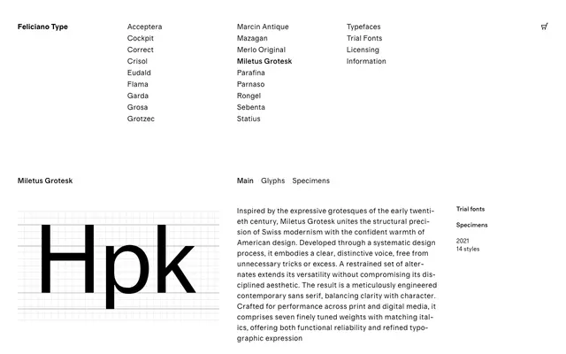 Miletus Grotesk specimen from Feliciano Type