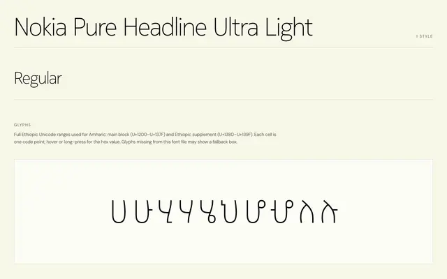 Nokia Pure Headline Ultra Light specimen from Geez Archive
