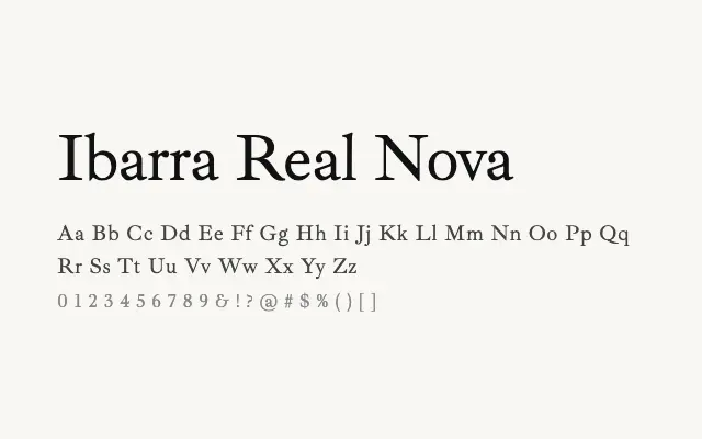 Ibarra Real Nova specimen from Google Fonts