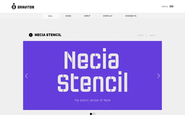 Necia Stencil specimen from Graviton Font Foundry