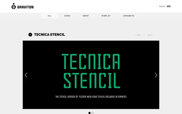 Tecnica Stencil specimen from Graviton Font Foundry