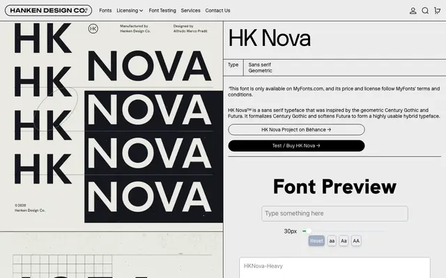HK Nova specimen from Hanken Design Co.