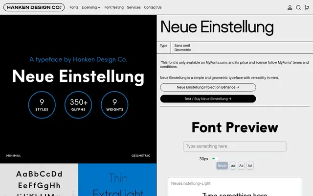 Neue Einstellung specimen from Hanken Design Co.