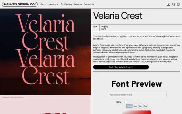 Velaria Crest specimen from Hanken Design Co.