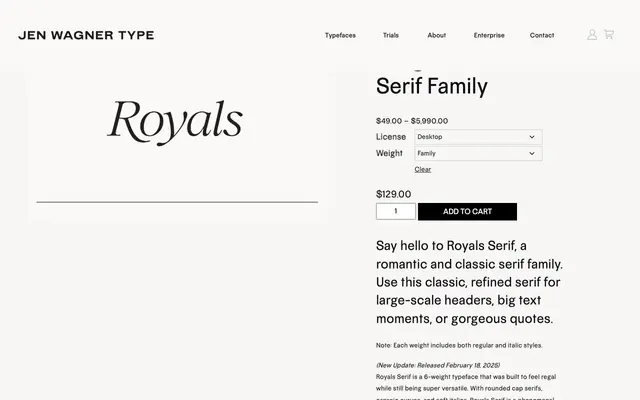 Royals Serif specimen from Jen Wagner Co.