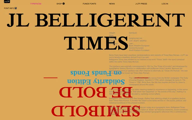 JL Belligerent Times specimen from Jung-Lee Type Foundry