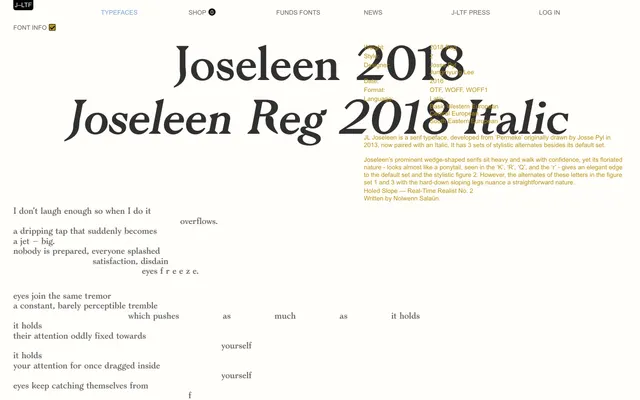 JL Joseleen specimen from Jung-Lee Type Foundry