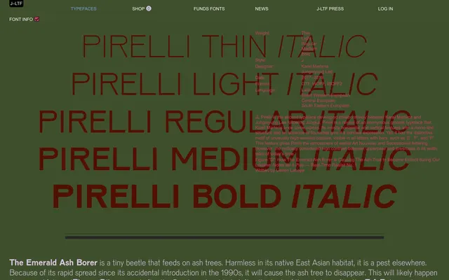 JL Pirelli specimen from Jung-Lee Type Foundry