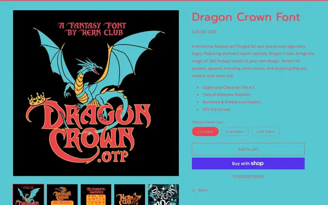 Dragon Crown Font specimen from Kern Club