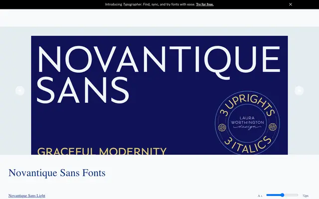 Novantique Sans specimen from Laura Worthington Design