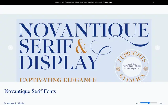 Novantique Serif specimen from Laura Worthington Design