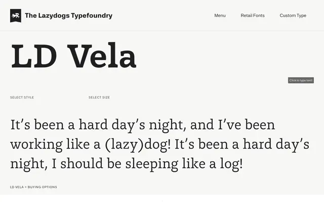 LD Vela specimen from Lazydogs Typefoundry