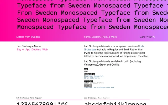 Lab Grotesque Mono specimen from Letters from Sweden