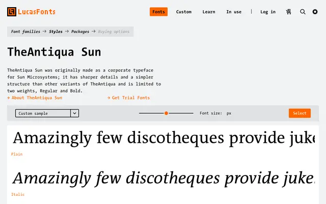 TheAntiqua Sun specimen from LucasFonts