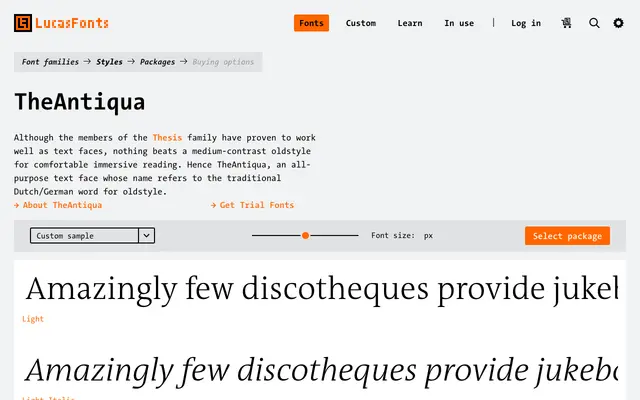 TheAntiqua specimen from LucasFonts