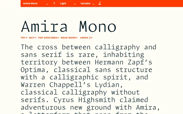 Amira Mono specimen from Occupant Fonts