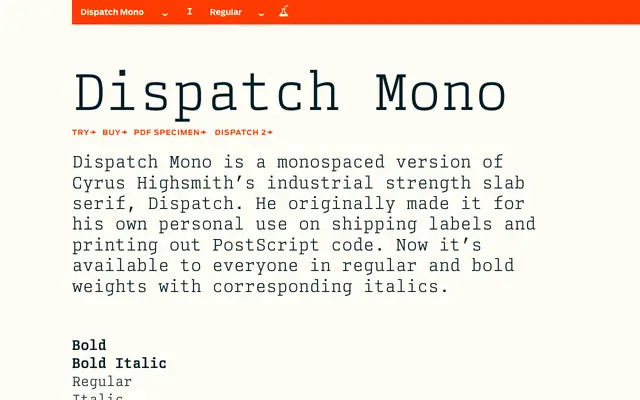 Dispatch Mono specimen from Occupant Fonts