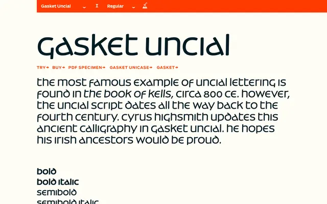 Gasket Uncial specimen from Occupant Fonts