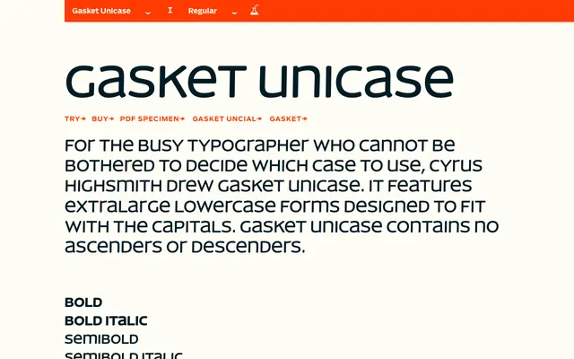 Gasket Unicase specimen from Occupant Fonts