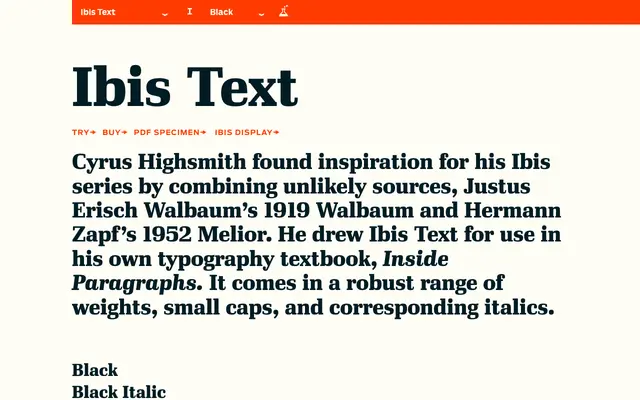Ibis Text specimen from Occupant Fonts