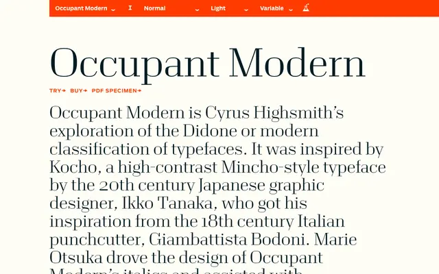 Occupant Modern specimen from Occupant Fonts