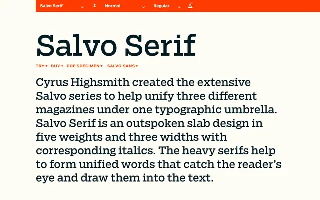 Salvo Serif specimen from Occupant Fonts