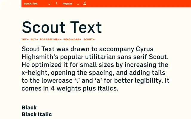 Scout Text specimen from Occupant Fonts