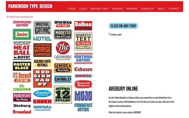 Avebury Inline specimen from Parkinson Type Design