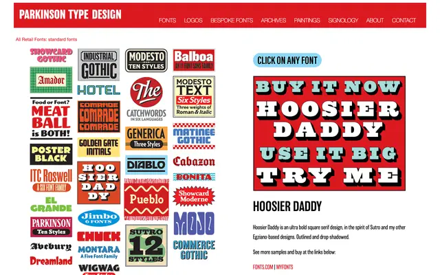 Hoosier Daddy specimen from Parkinson Type Design