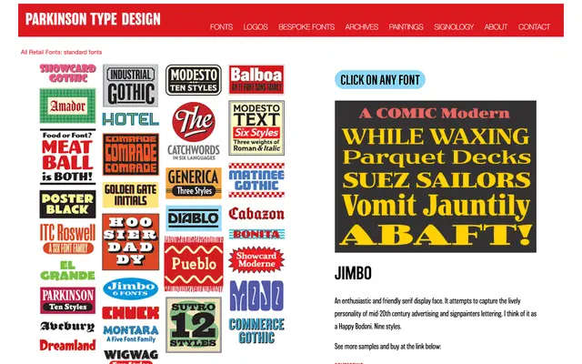 Jimbo specimen from Parkinson Type Design