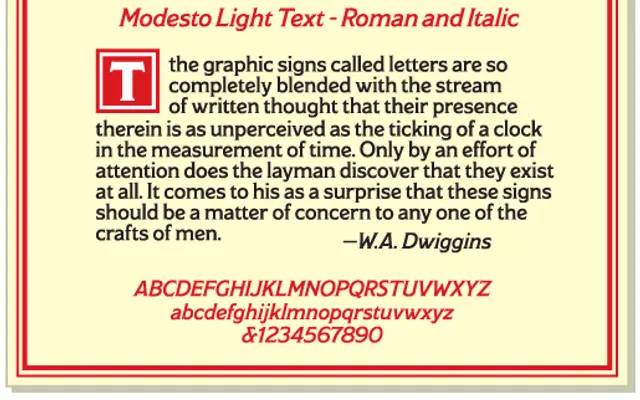 Modesto Text Light & Light Italic specimen from Parkinson Type Design
